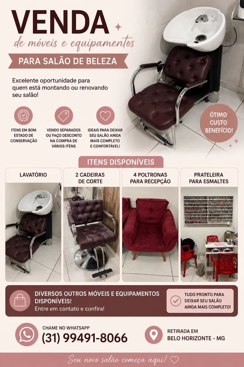 Móveis e Equipamentos para Salão de Beleza - Lavatório, Cadeiras e Poltrona