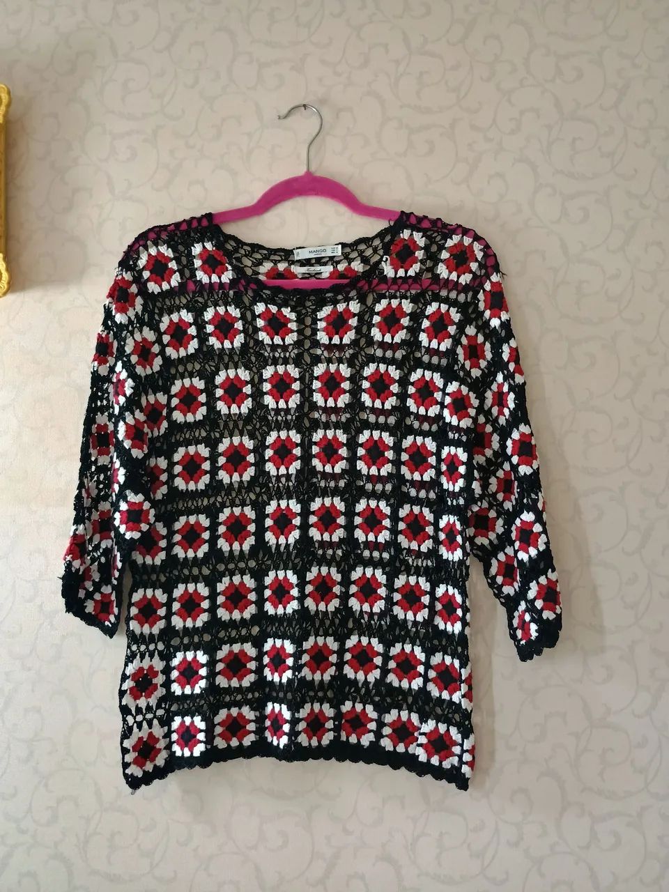 Blusa de crochê artesanal preto e vermelho | Mango m - Foto 5