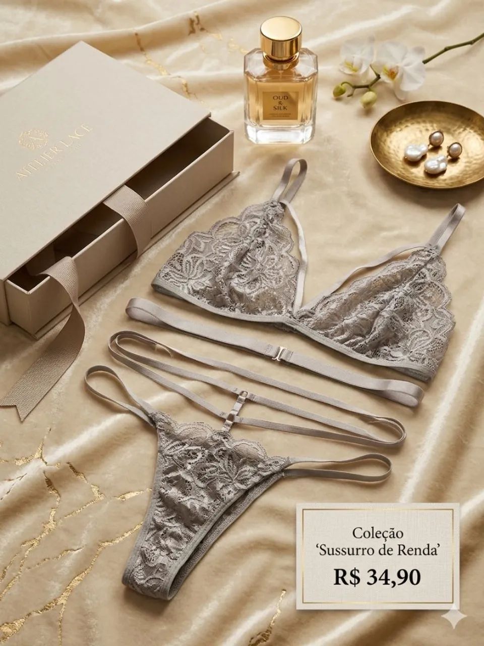 CONJUNTO SEXY DE RENDA NA COR CINZA