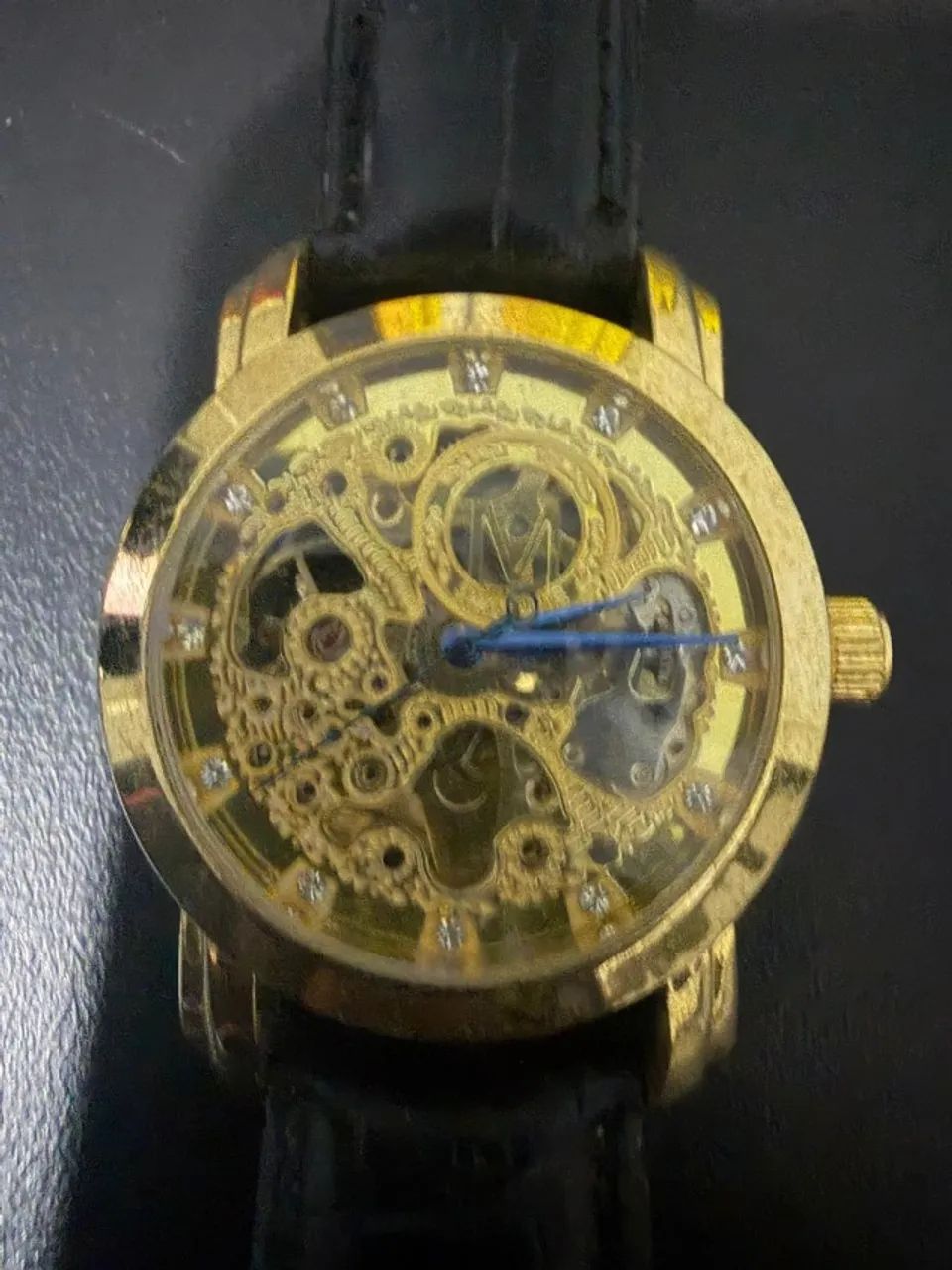 Relógio Automático Skeleton Dourado - Funciona por Movimento - Couro Preto - Foto 3