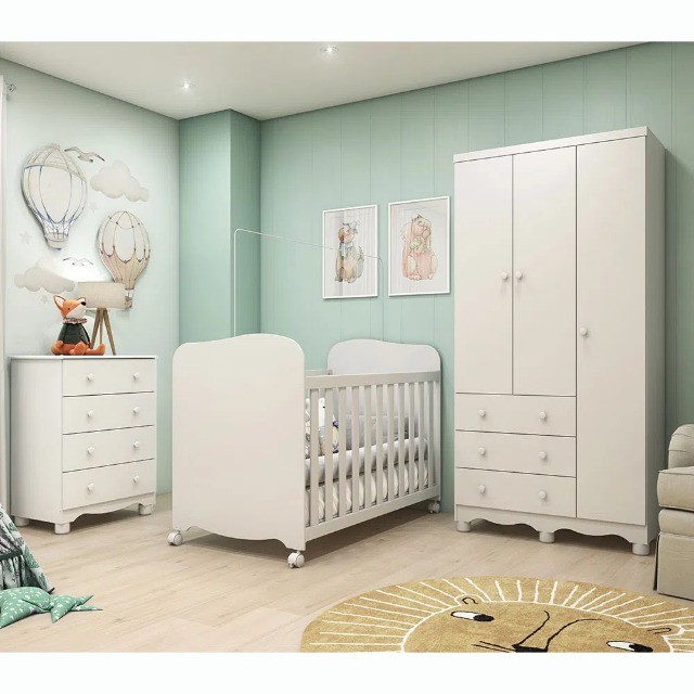 Roupeiro Junior 3 Portas + Comoda Junior + Berço Americano Uli, 100% MDF - Peroba 