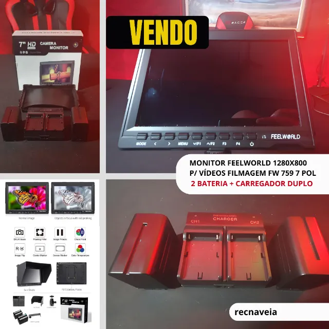 Monitor Feelworld 1280x800 P/ Vídeos Filmagem Fw 759 7 Pol * KIT Completo.