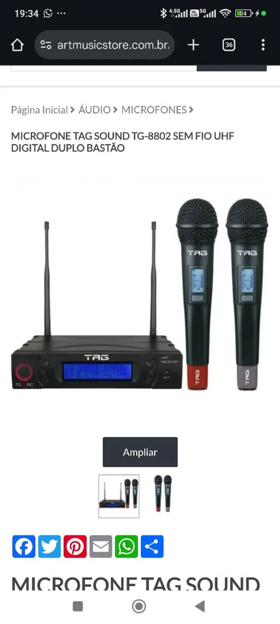 Microfone Tag Sound TG-8802 Sem Fio UHF Digital Duplo