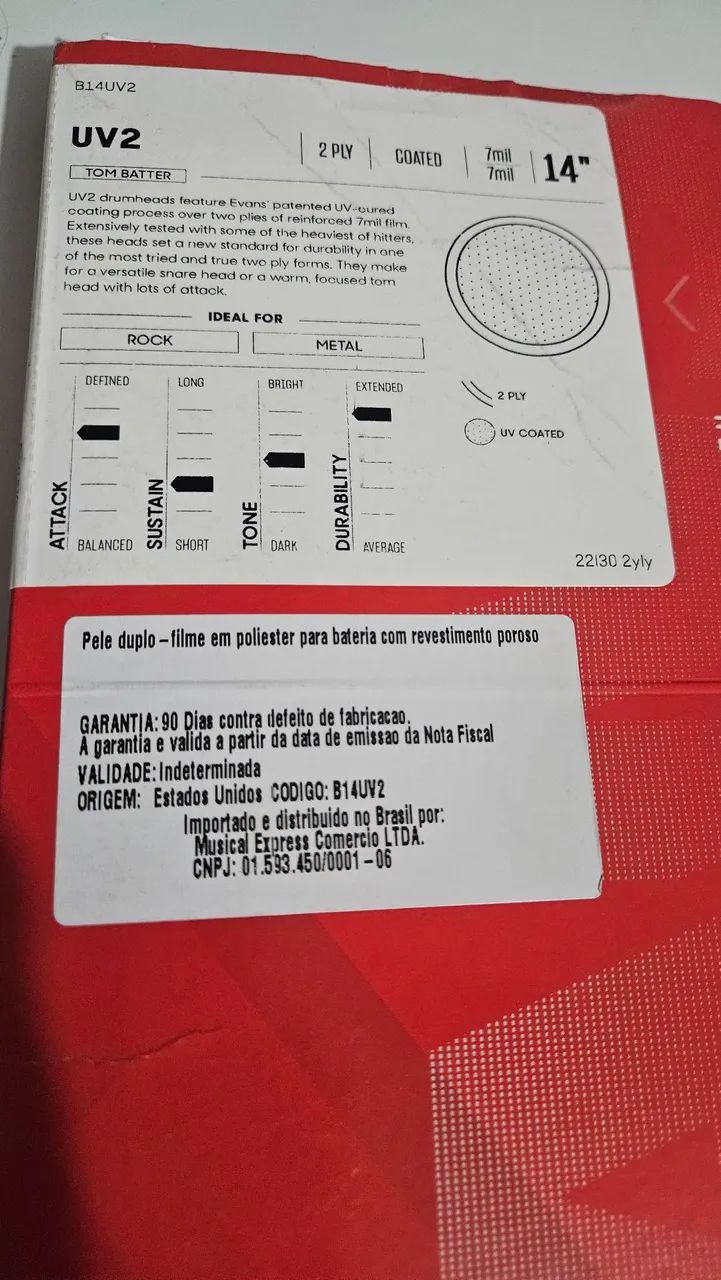 Pele Evans UV2 - 14 polegadas - p/ Caixa ou Surdo de Bateria - Foto 2