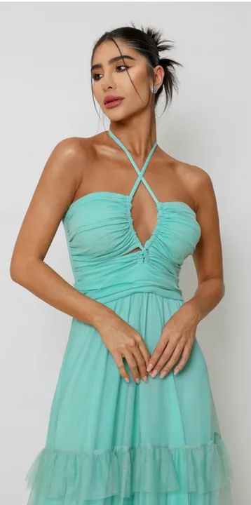 Vestido Longo com Tule Verde Tiffany Usado Uma Única Vez - Foto 5