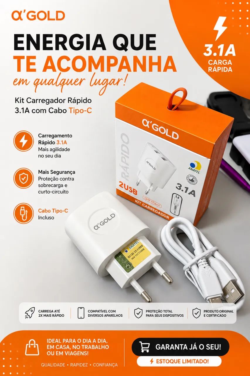 Carregador Gol Cabo Micro , fonte 2 entrada USB 
