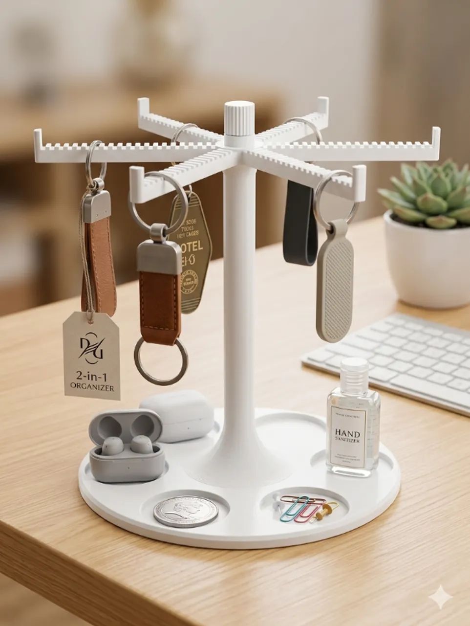 Porta Chaveiro 2 em 1 Rotativo com Base Organizadora para Mesa e Objetos Pequenos