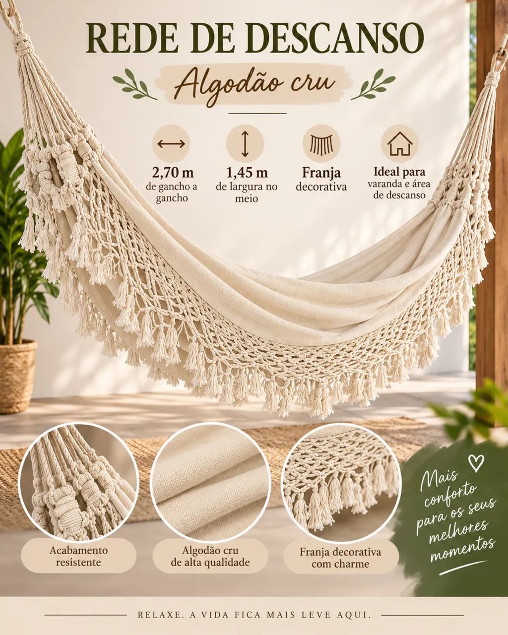 Rede de Descanso em Algodão Cru com Franja - 2,70 m