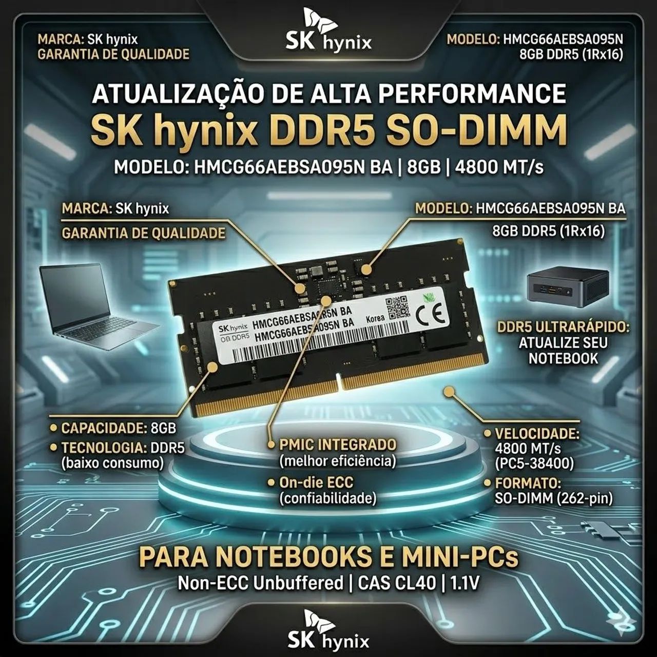 Memória RAM SK hynix 8GB DDR5 4800MHz Para Notebook (Original)| 3