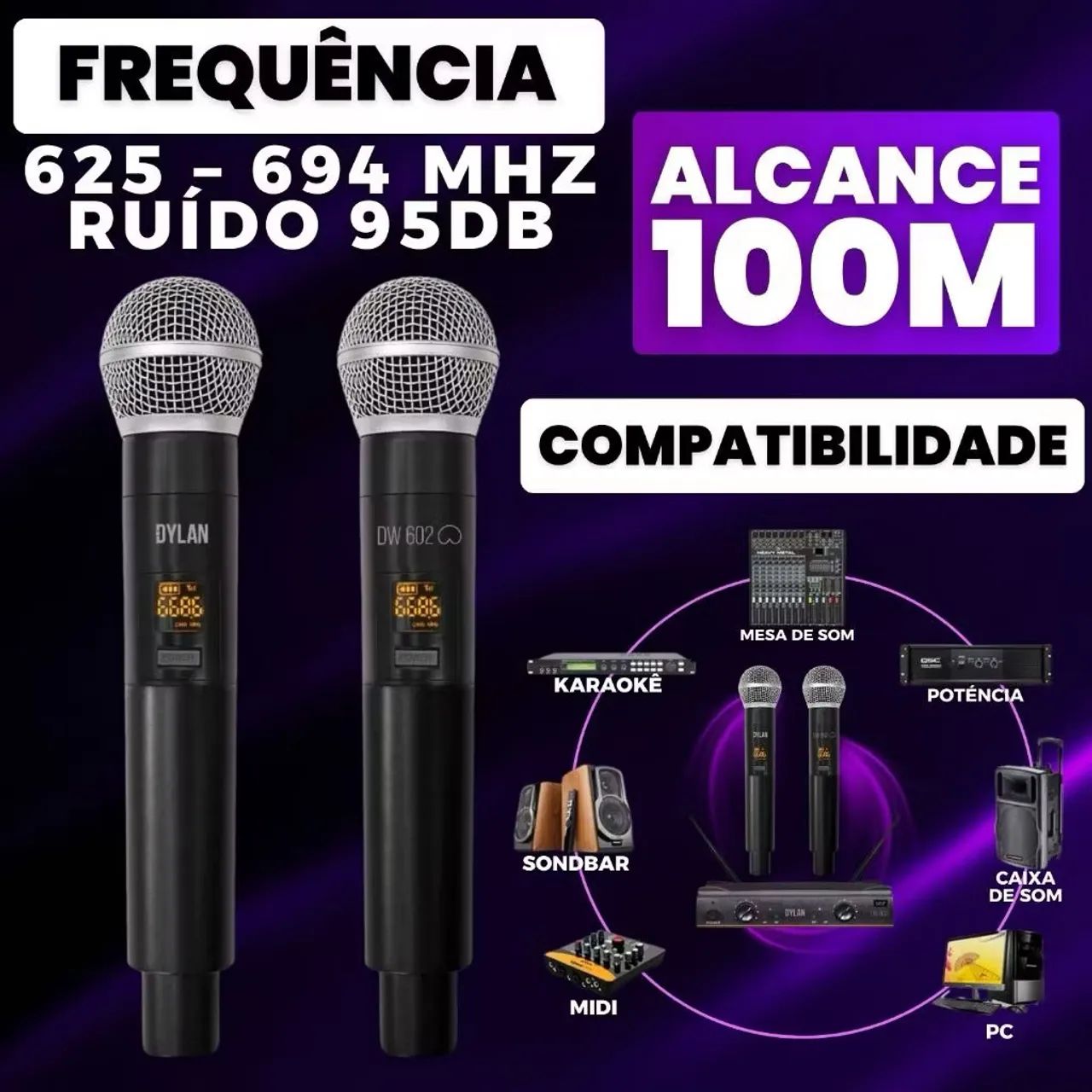 Promoção! Microfone Duplo Dylan Sem Fio Com Maleta + Mesa de Som 8