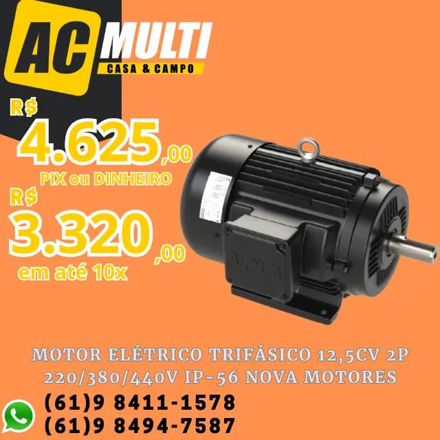 Motor elétrico Trifásico 12,5cv 2P 220/380/440V IP-56 Nova Motores