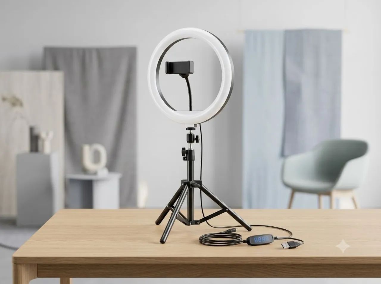 Ring Light LED de Mesa com Tripé e Suporte Celular - Usado na Caixa (Perfeito Estado) - Foto 4