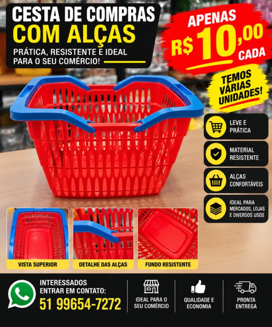 Cesta de Compras Plástica com Alças - Mercado e Loja