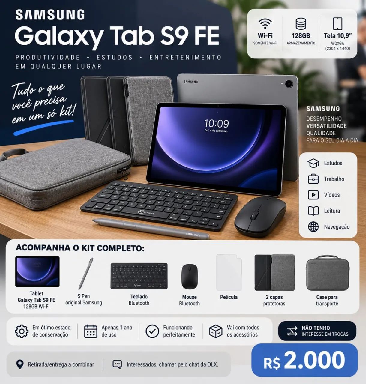 Samsung Tab S9 FE 128GB + S Pen + Teclado + Mouse + Capas