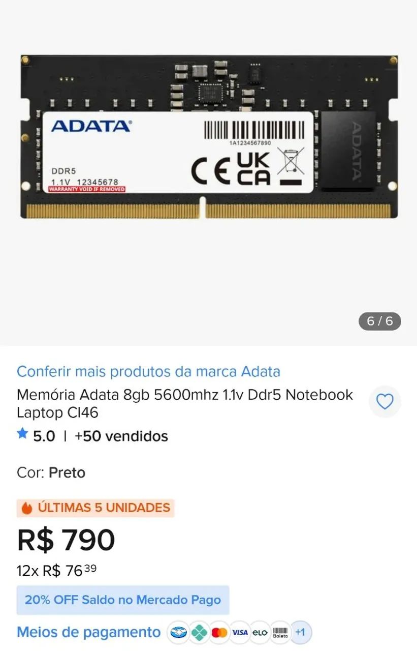 Memória Notebook 8Gb DDR5 5600Mhz - Foto 2