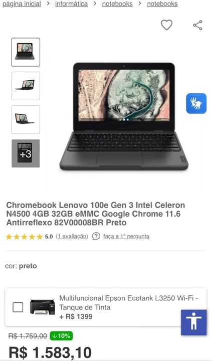 Chromebook Lenovo 100e  - Novo -  R$ 1.583,10