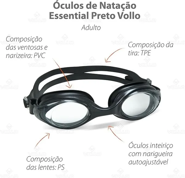 Vollo Sports Óculos de Natação Essential - Preto - Silicone - Entrega Grátis
