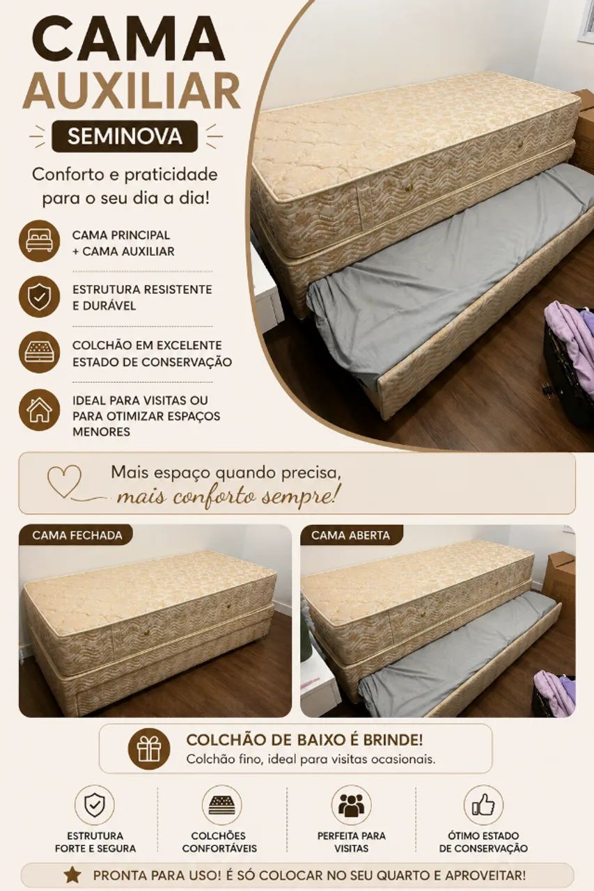 Cama Auxiliar Solteiro Seminova com Colchão - Excelente Estado