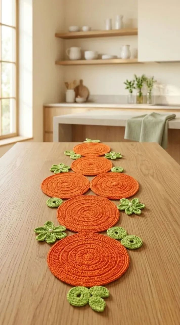 Caminho de Mesa em Crochê Laranja e Verde com Detalhes de Flores e Pérolas - Artesanal
