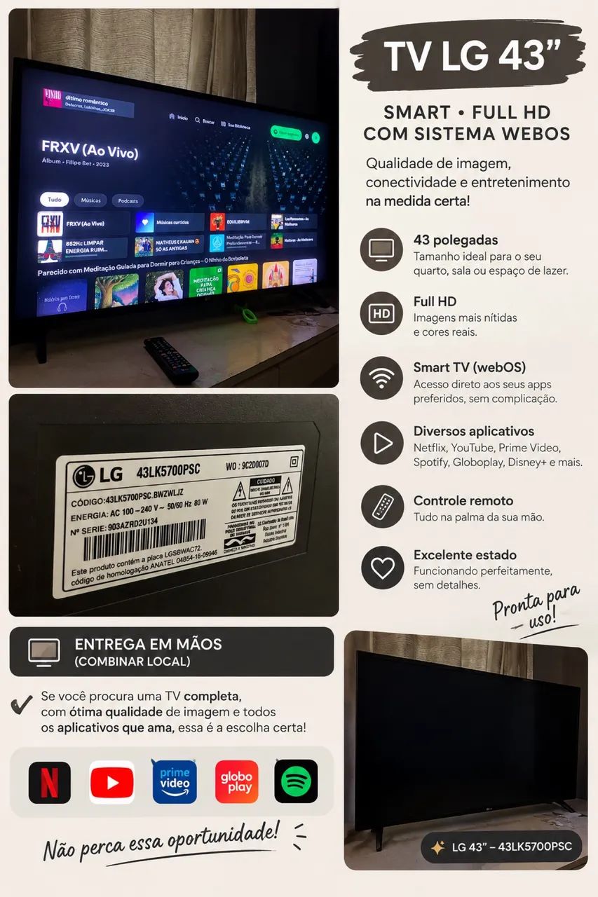 ? TV LG 43 polegadas Smart TV, em ótimo estado e funcionando perfeitamente!