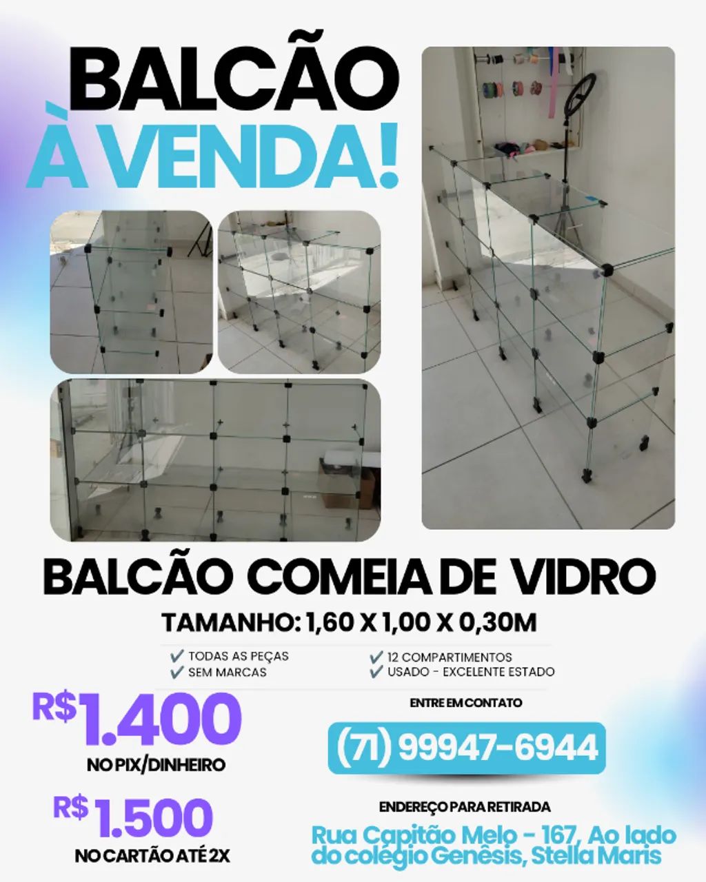 BALCÃO COMEIA COM ESTRUTURA DE VIDRO