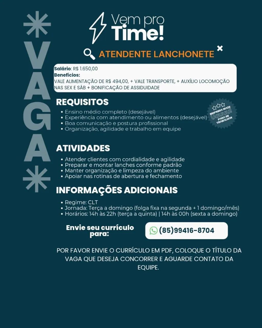 ATENDENTE OPERADOR DE LANCHONETE
