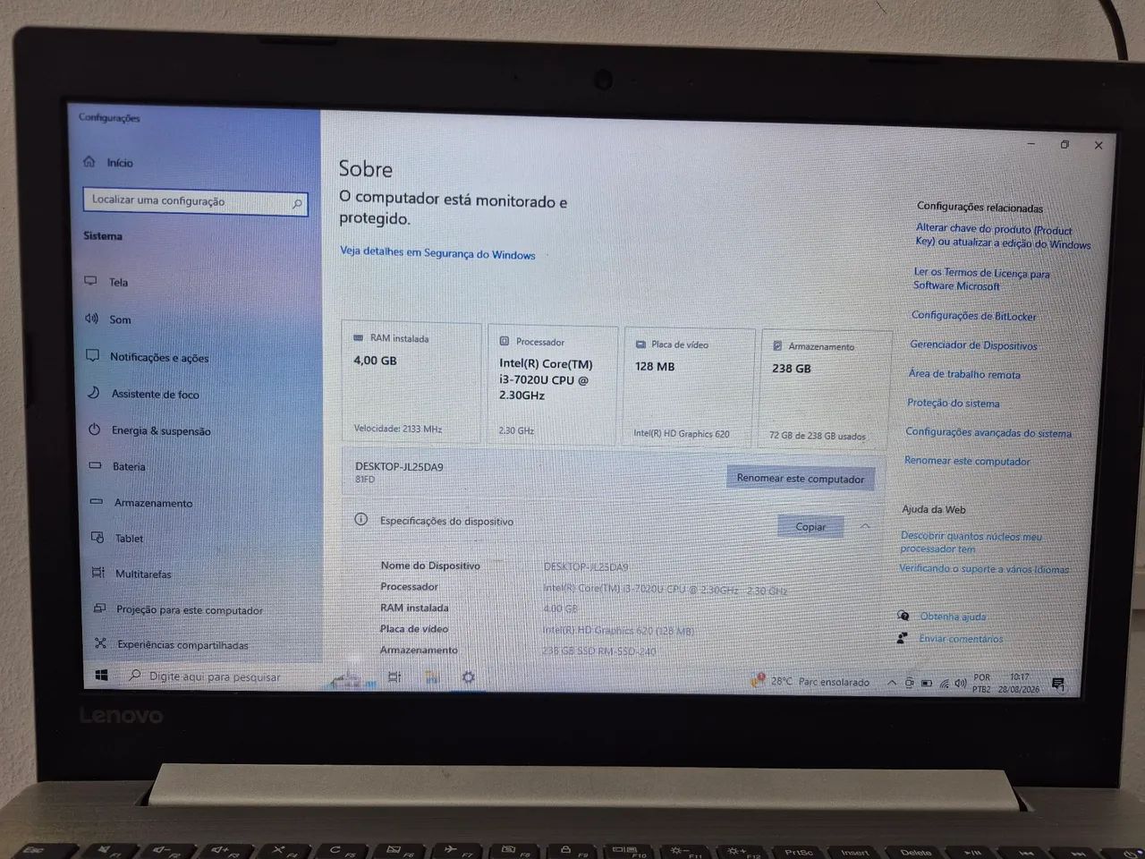 Notebook Lenovo - 240Gb SSD - 4Gb RAM 