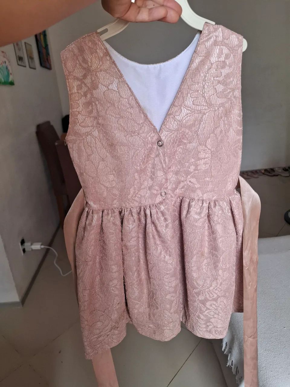 Vestido Rosa Chá/Nude (Renda e Laço em Cetim) - Foto 2
