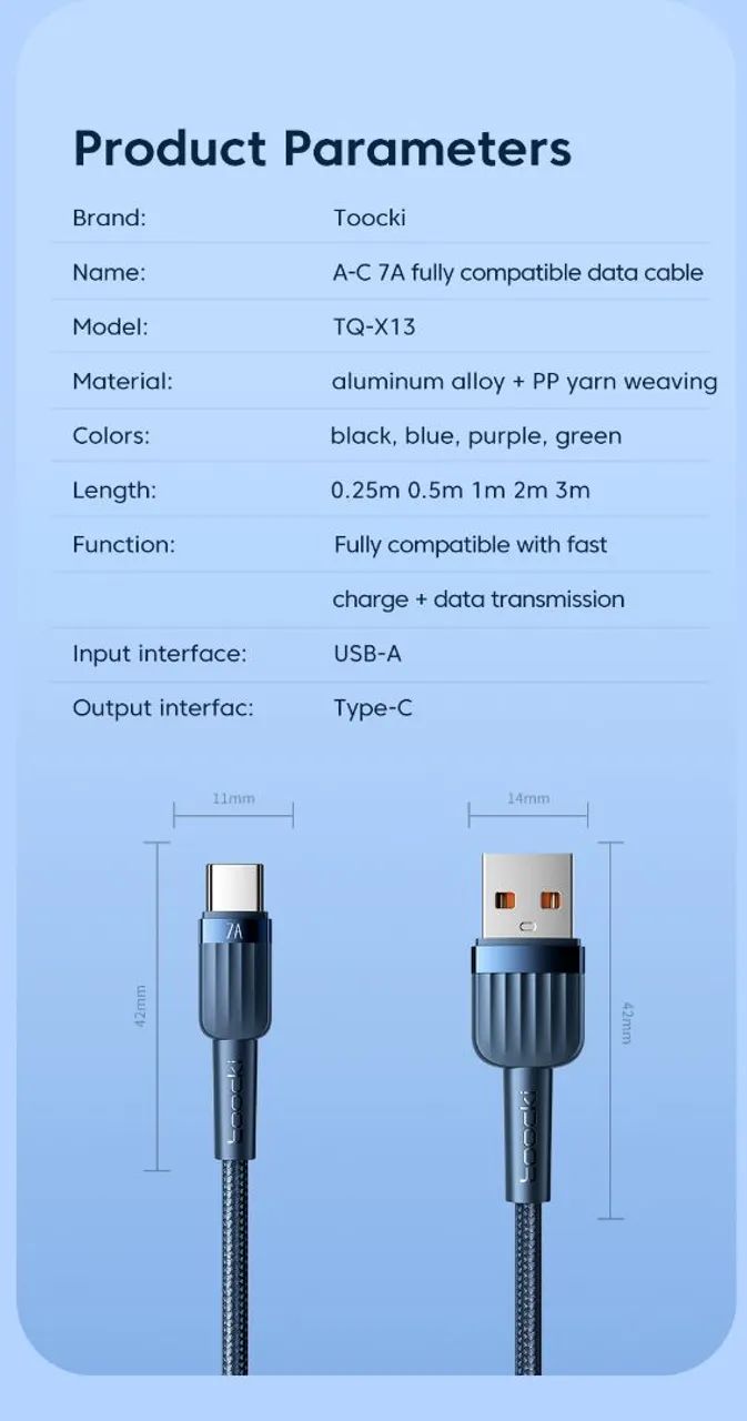 2m Cabo Toocki A-C 100w / 7A Azul Compatível com Carregamento Rápido