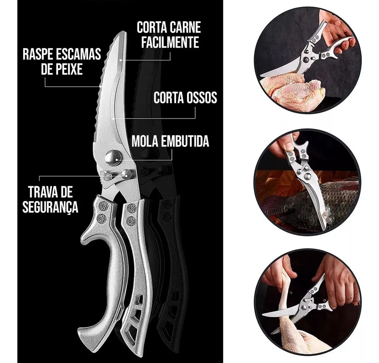 Tesoura Multiuso para Cozinha - Corta Carne, Peixes, Ossos e Mais!