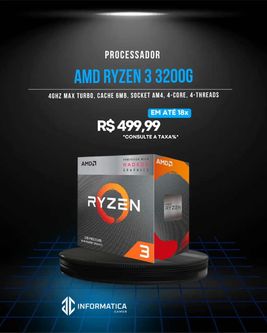 Processador AMD Ryzen 3 3200G, 4-Core, 4-Threads, 3.6GHz (4GHz Turbo), Cache 6MB, AM4(JCIN