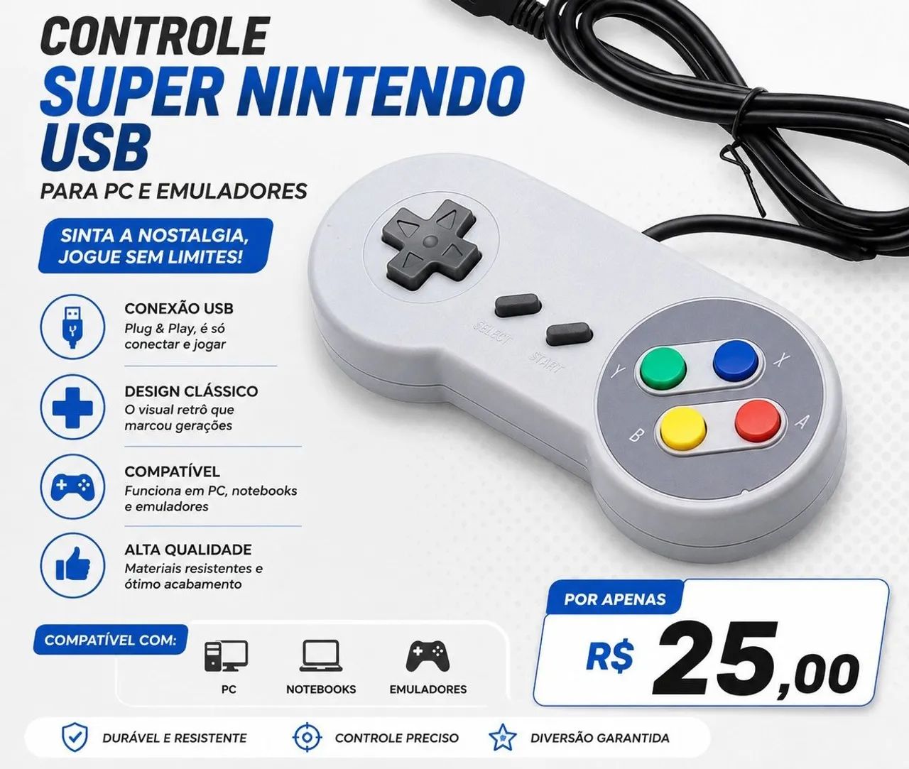 Controle Super Nintendo PC USB