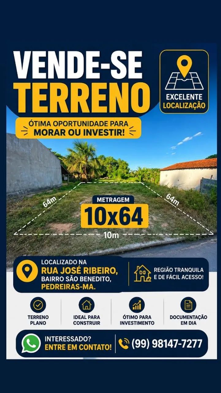 Terreno 10x64m, Pedreiras- Ma