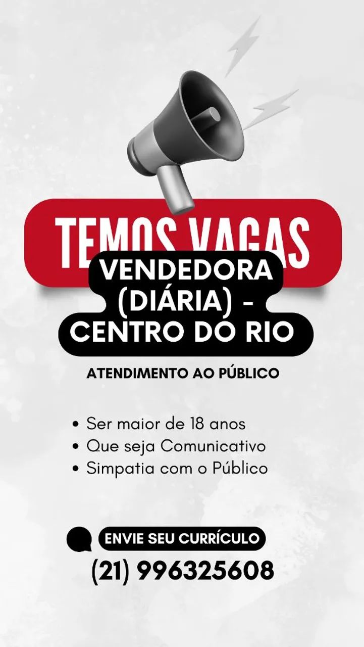 VAGA VENDEDORA DIARIA CENTRO RIO DE JANEIRO 