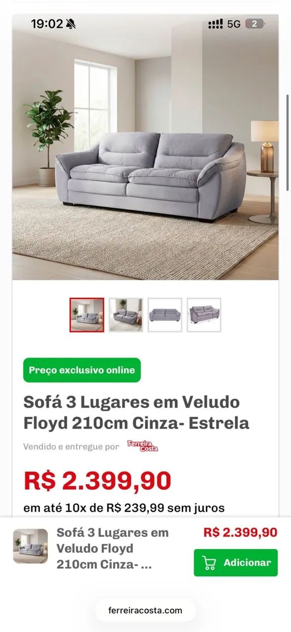 Sofá 3 lugares - veludo floyd estrela 210cm - Foto 5