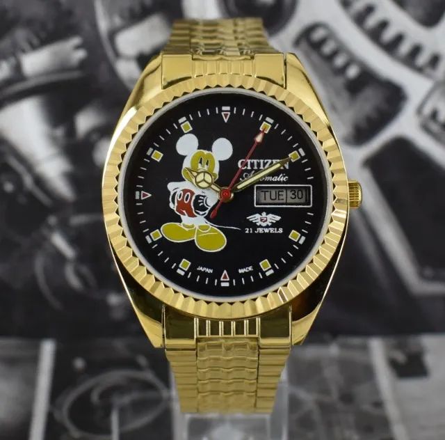 Citizen Automático Mickey Mouse Banhado A Ouro Dia Data 21 Joias Masculino - Foto 2