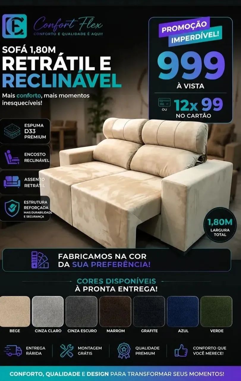 Sofá 1.80m retrátil e reclinável.