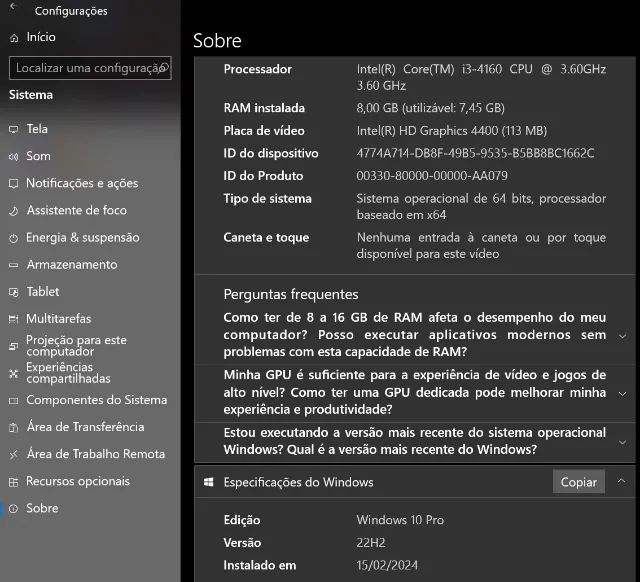 Computador Positivo Master D380  Intel(R) Core(TM) i3-4160 CPU @ 3.60GHz