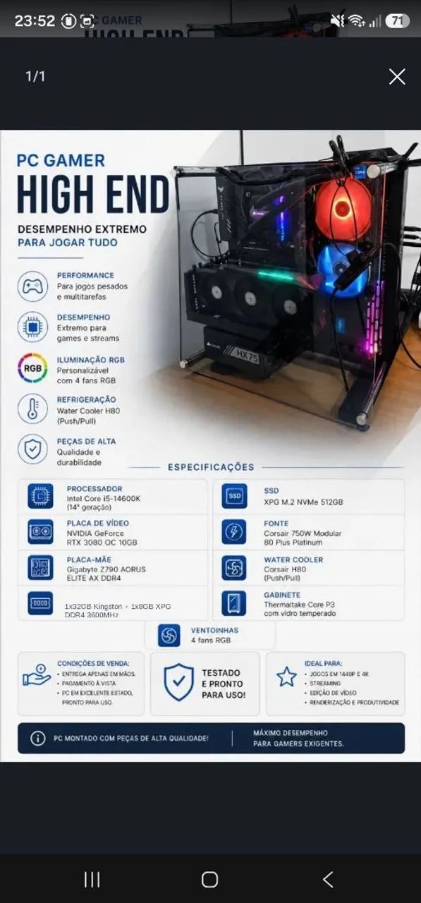 Pc Gamer i5 14600K RTX 3080 10G 32G Z790 Aorus