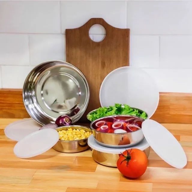 Jogo Kit de 5 Potes Aço INOX Reforçado com Tampa Silicone Hermético Redondo - La Cuisine - Foto 4