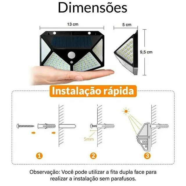 Luminária Solar Parede 100 Led 20W Sensor Presença Com 3 Funções - Foto 2