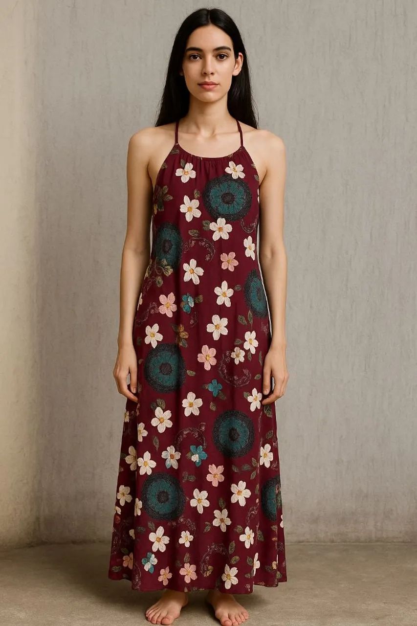 Vestido Longo Floral Vinho