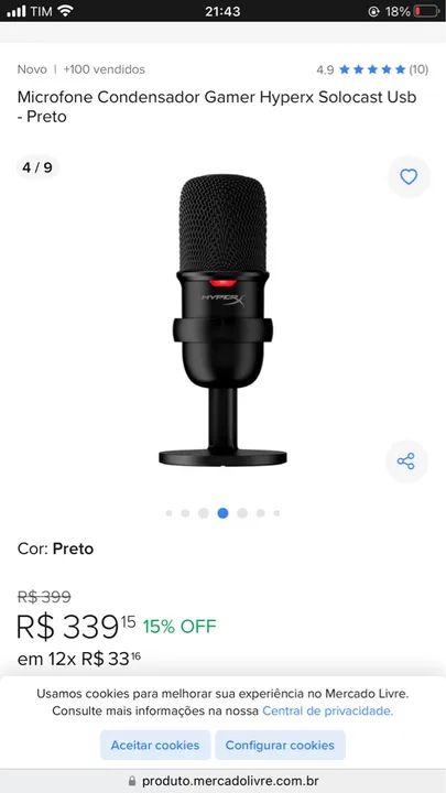 Microfone profissional gamer Hiperx USB