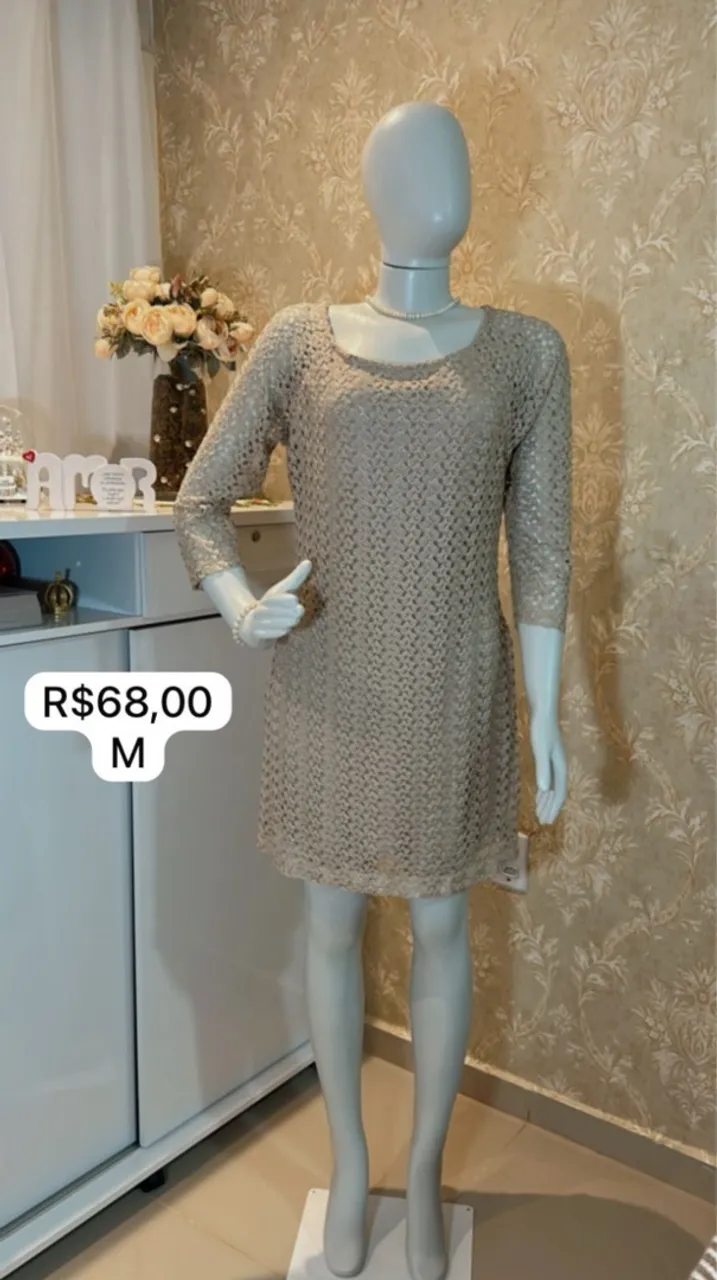 Vestido Bege Tricot Manga 3/4 - Tamanho M