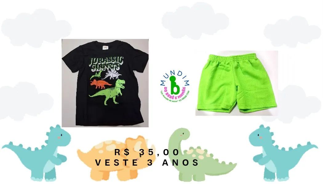 Conjunto Dinossauro Infantil - Camiseta e Shorts - 3 Anos