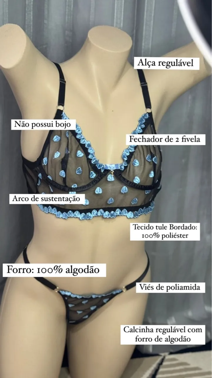 Conjunto de Lingerie Renda e Tule - Azul e Preto