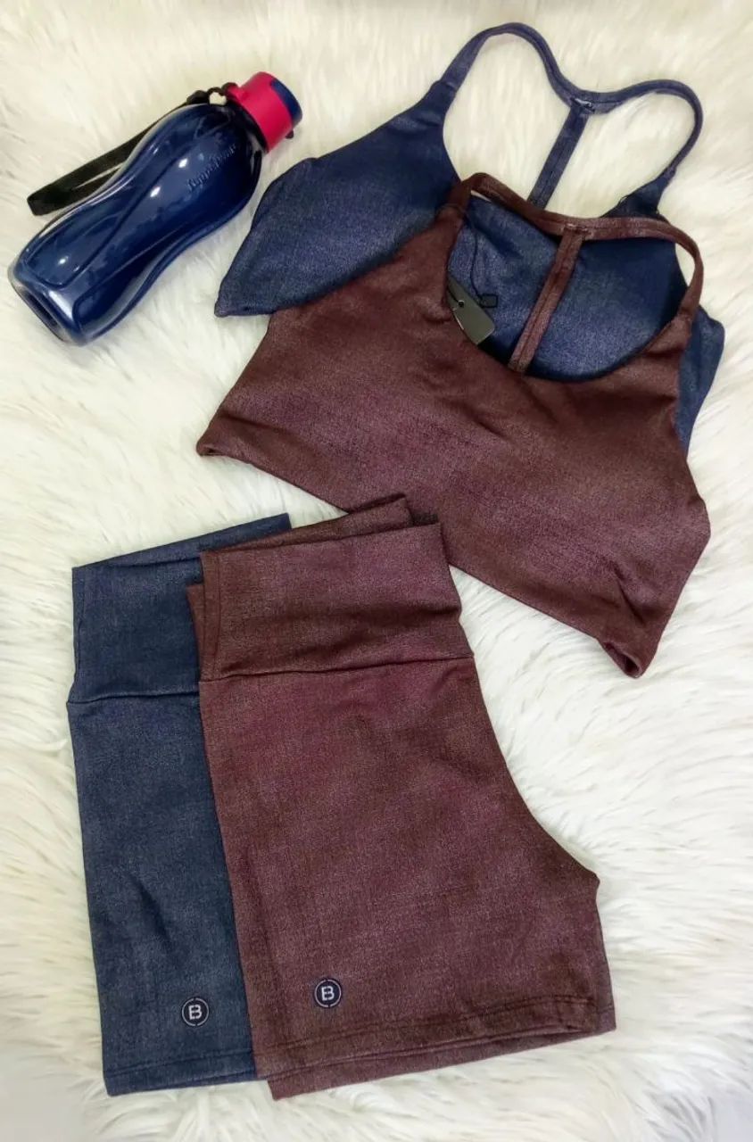 Conjunto de Top e Shorts Esportivo - Azul e Marrom