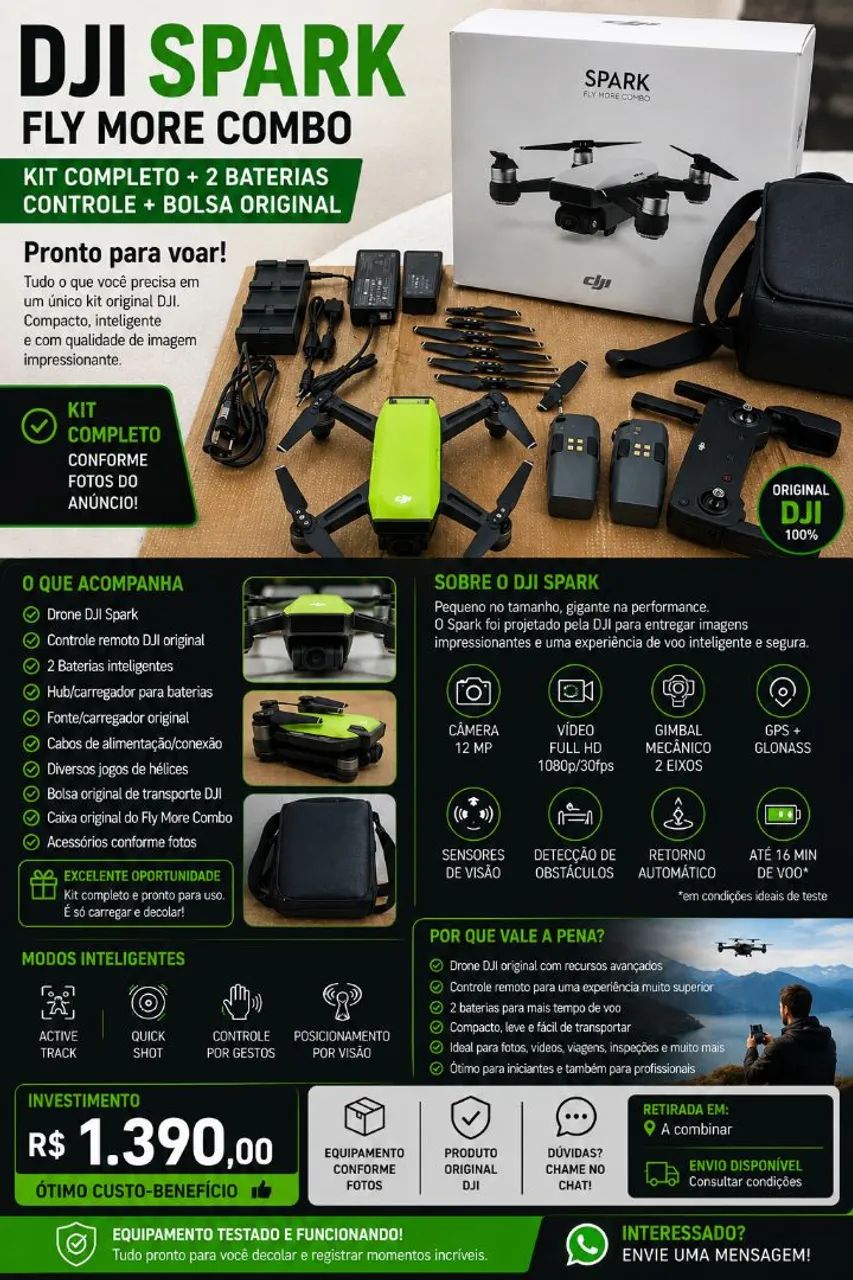 DJI SPARK FLY MORE COMBO ? KIT COMPLETO + 2 BATERIAS + CONTROLE +