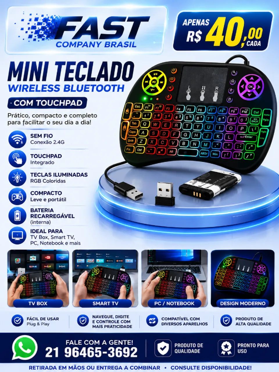 Mini Teclado Wireless Bluetooth com Touchpad para TV Box Smart TV PC