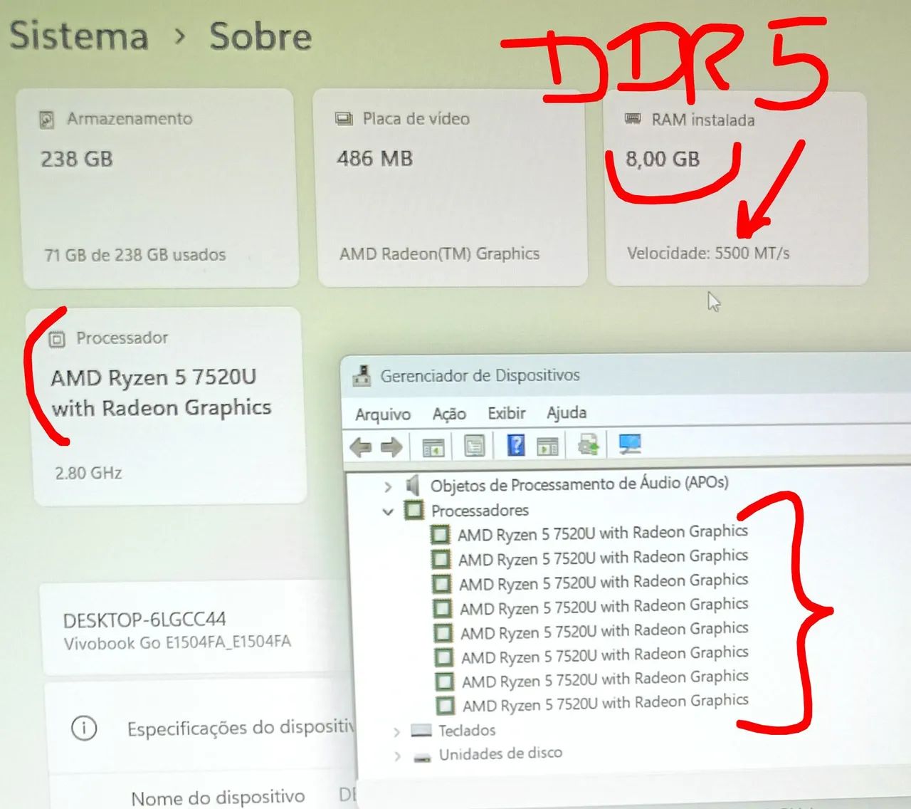 Notebook Asus VivoBook, NF,Ac Cart, Ryzen 5-7520U, 8GB DDR4,SSD Nvme 256GB,Wi-Fi 6, - Foto 3